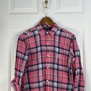 Lauren Ralph Lauren pink plaid tunic length button down shirt dress size Small